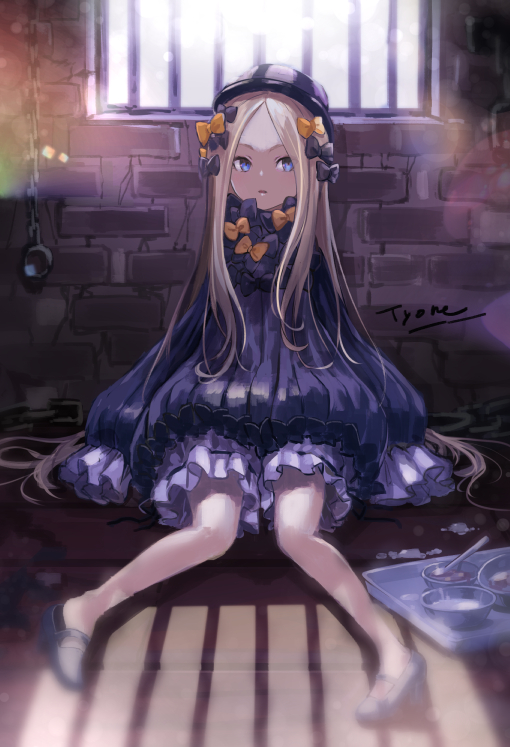 1girl abigail_williams_(fate/grand_order) bangs bars black_bow black_dress black_footwear black_headwear blonde_hair blue_eyes bow bowl brick_wall bug butterfly chains commentary_request cuffs day dress fate/grand_order fate_(series) food forehead full_body hair_bow hat indoors insect long_hair long_sleeves looking_at_viewer mary_janes on_floor orange_bow parted_bangs parted_lips polka_dot polka_dot_bow shoes signature sitting sleeves_past_fingers sleeves_past_wrists solo spoon sunlight tray tyone very_long_hair