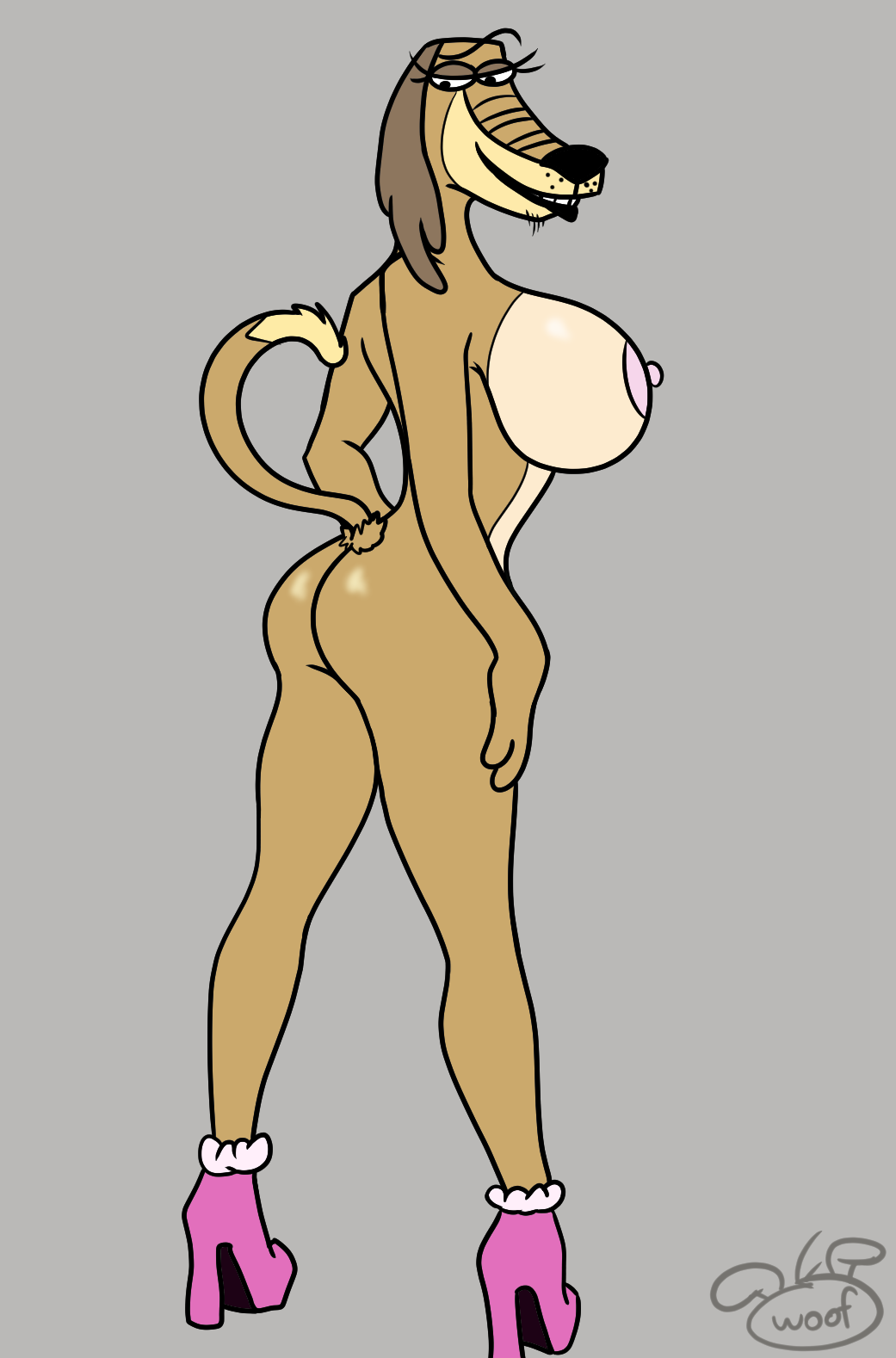 big_breasts breasts canid canine canis clothing crossgender cursed_image domestic_dog dukey female footwear hi_res high_heels huge_breasts illis mammal rear_shot shoes side_boob