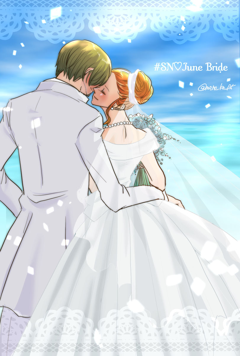 10s 1boy 1girl bare_shoulders black_suit blonde_hair blush bridal_veil bride carrying couple dress elbow_gloves eye_contact flower formal gloves groom hair_over_one_eye hetero kiss looking_at_another nami_(one_piece) one_piece princess_carry sanji short_hair strapless strapless_dress suit veil wedding_dress white_dress white_gloves yamadaenako