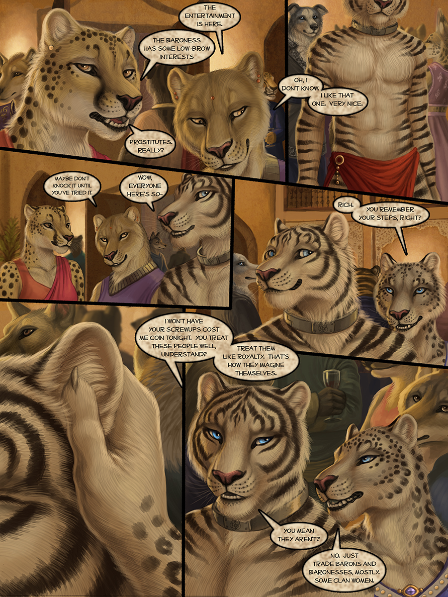 2019 alcohol amber_eyes anthro beverage black_nose black_spots black_stripes blue_eyes breasts brown_eyes brown_fur canid canine canis cheetah claws clothed clothing collar comic detailed_background dhaval_(character) dialogue digital_media_(artwork) domestic_dog dress ear_piercing ear_ring english_text felid feline female fur grey_fur group inside ishaway isolde jewelry lion loincloth male mammal metal_collar myenia open_mouth pantherine piercing pink_nose red_lantern rukis serval shirt smile snow_leopard speech_bubble spots standing stripes text tiger topless white_fur wine_glass wolf yellow_fur