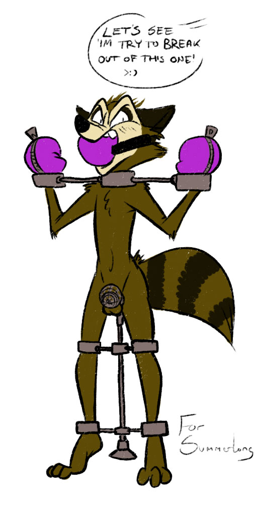 angry anthro ball_gag balls bdsm bound chastity collar dialogue feet gag gagged gordian guardians_of_the_galaxy male marvel mitts one-bar_prison penis rocket_raccoon solo spreader_bar