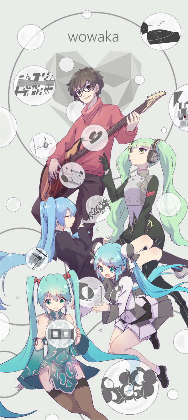 1boy 1girl agitation_(module) aqua_eyes aqua_hair bangs blush brown_eyes brown_hair bubble checkered checkered_skirt chinese_clothes commentary_request conflict_(module) double_bun eyes_closed gloves green_eyes green_hair guitar hatsune_miku headphones highres instrument multiple_persona nejikyuu open_mouth project_diva_(series) rolling_girl_(vocaloid) round_eyewear school_uniform skirt smile suigyoku_(module) thighhighs toosenbo_(vocaloid) twintails unhappy_refrain_(vocaloid) unknown_mother_goose_(vocaloid) ura-omote_lovers_(vocaloid) vocaloid world's_end_dancehall_(vocaloid) wowaka