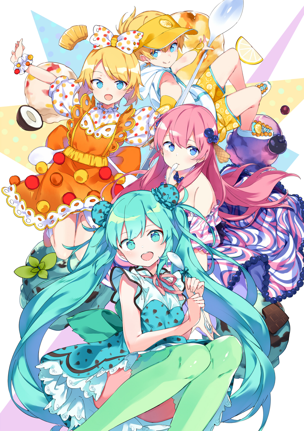 1boy aqua_dress aqua_hair blonde_hair blue_eyes blueberry bow bun_cover character_request coconut double_bun dress food food_themed_clothes fruit fruit_print grey_legwear hair_bow hatsune_miku highres holding holding_spoon ice_cream kagamine_len kagamine_rin lemon lemon_slice licking_lips long_hair mint open_mouth orange_dress pink_hair polka_dot polka_dot_bow pom_pom_(clothes) sama scrunchie shoes short_hair short_sleeves shorts sitting smile sneakers spoon spoon_in_mouth thighhighs tongue tongue_out twintails very_long_hair vocaloid wrist_scrunchie