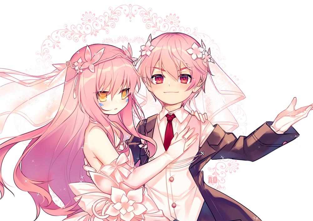 1boy 1girl bangs blush bridal_gauntlets brown_jacket character_request closed_mouth collared_shirt commentary_request dress elsword eve_(hatsukoi_zombie) eyebrows_visible_through_hair facial_mark flower glint gloves hair_between_eyes hair_flower hair_ornament hand_up jacket long_hair long_sleeves looking_at_viewer necktie open_clothes open_jacket orange_eyes parted_lips pink_flower pink_hair red_eyes red_neckwear see-through shirt smile strapless strapless_dress upper_body utm v-shaped_eyebrows veil very_long_hair vest white_dress white_gloves white_shirt white_vest