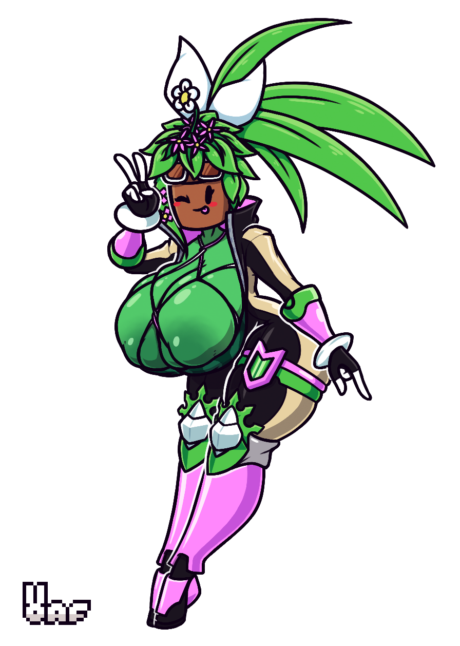 2019 big_breasts blaster_master blaster_master_zero_2 blush breasts cleavage clothed clothing eyewear female flora_fauna flower goggles hi_res huge_breasts humanoid kanna_(blaster_master) nipples oaf plant plant_humanoid solo tagme video_games