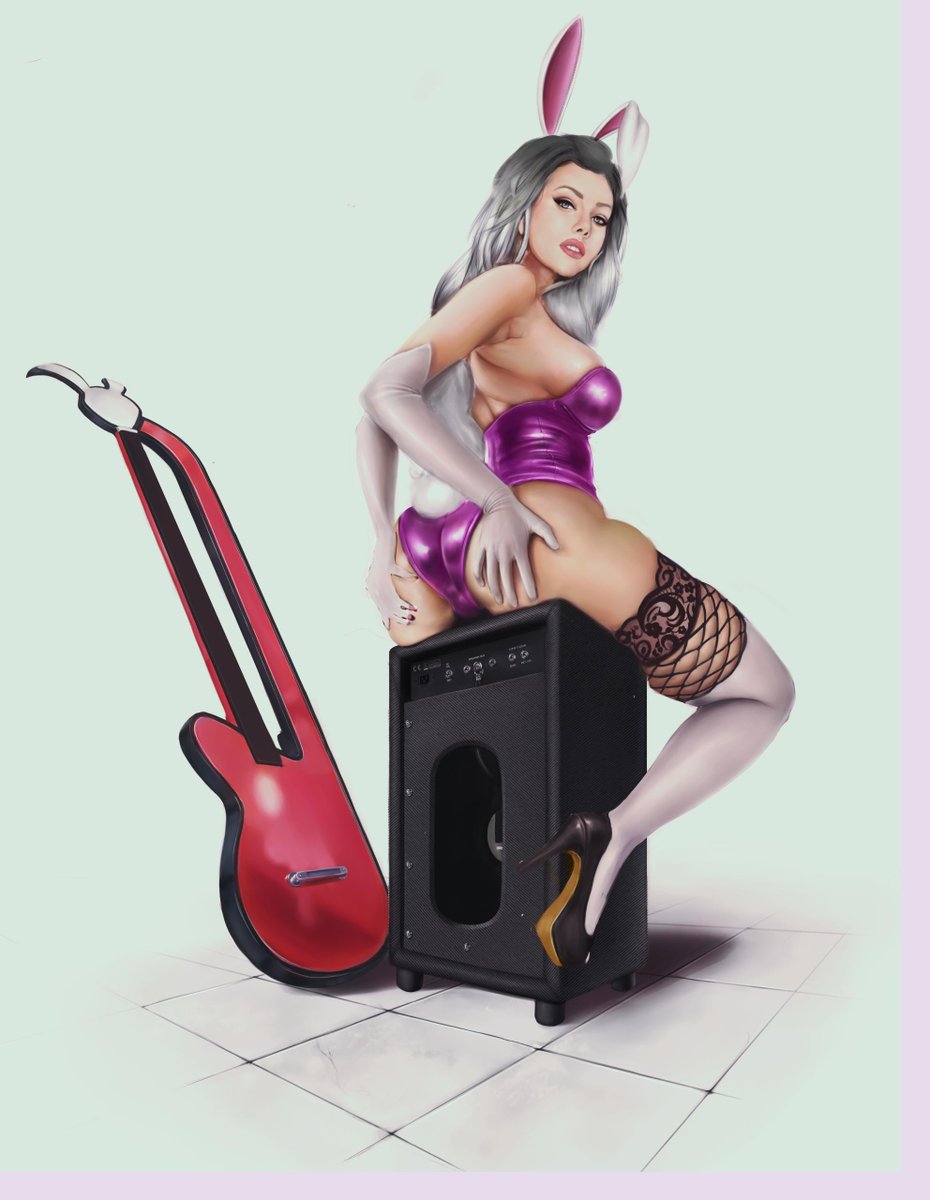 aenenra amplifier animal_ears ass_grab bunny_ears bunny_tail bunnysuit elbow_gloves fairy_tail fishnet_legwear fishnets from_behind gloves grey_eyes guitar high_heels highres instrument looking_at_viewer looking_back mirajane_strauss realistic tail white_hair