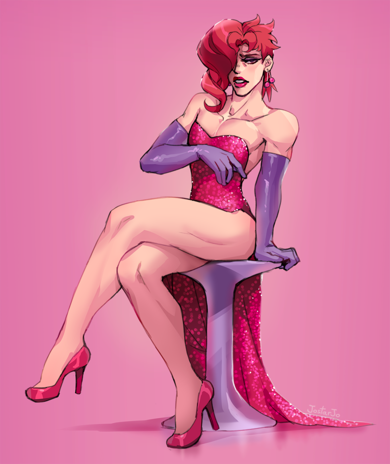 androgynous bare_shoulders cosplay crossdressing dress elbow_gloves femboy gloves hair_over_one_eye high_heels jessica_rabbit jojo's_bizarre_adventure kakyouin_noriaki legs lipstick looking_at_viewer makeup male muscle pecs red_dress red_hair solo trap