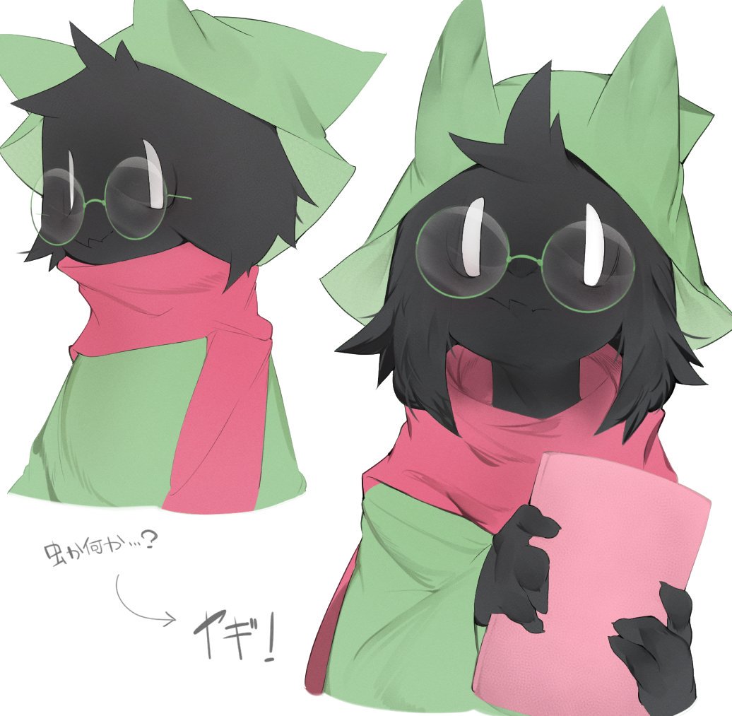 2019 4_fingers 9999gpera anthro black_fur blush book bovid caprine clothed clothing deltarune digital_media_(artwork) eyewear fur glasses goat hat horn japanese_text looking_at_viewer looking_away male mammal ralsei scarf simple_background smile solo standing text video_games white_background white_eyes wizard_hat young