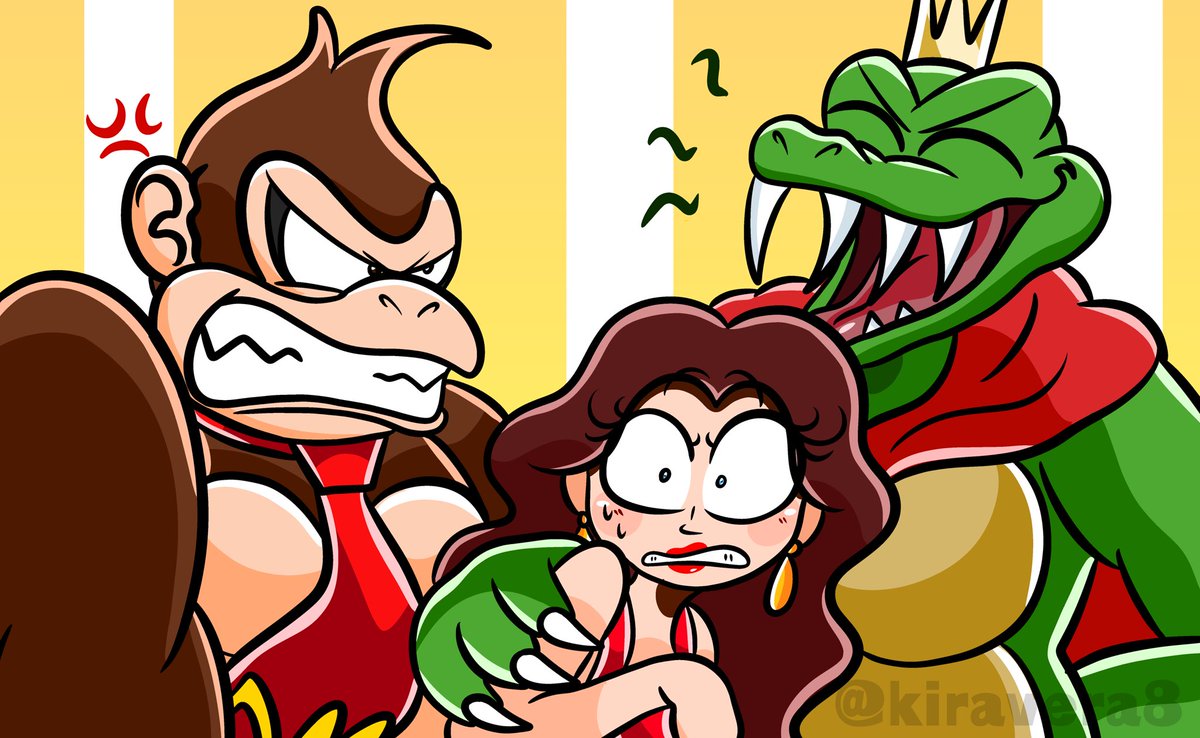 1girl angry bare_arms brown_hair cape claws cranky_kong crocodilian crown donkey_kong donkey_kong_(series) donkey_kong_country dress earrings green_skin hug jewelry king_k._rool laughing lipstick long_hair makeup mario_(series) mayor monkey necktie nervous nintendo pauline red_dress super_mario_odyssey super_smash_bros. sweat teeth wide_eyes