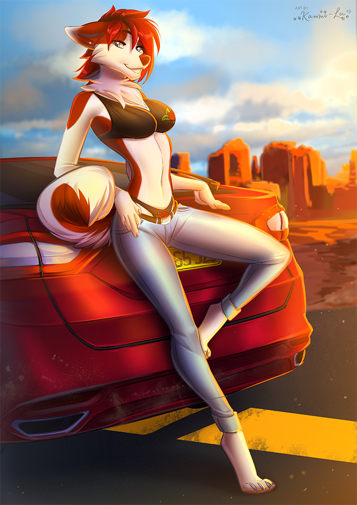 2019 4_toes 5_fingers anthro barefoot canid canine canis car clothed clothing day detailed_background digital_media_(artwork) domestic_dog female ford fur hair husky kammi-lu mammal midriff navel outside red_fur red_hair sky solo toes vehicle