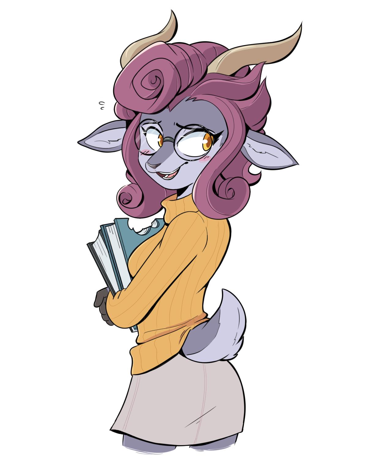 2019 absa anthro beezii black_nose blush book bovid breasts caprine clothed clothing eyewear felid female fully_clothed fur glasses goat hair hi_res horn lovers_of_aether mammal open_mouth pink_hair purple_fur rivals_of_aether simple_background smile solo sweater toony video_games white_background