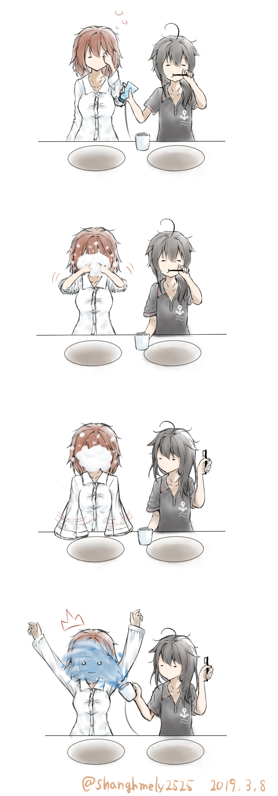 /\/\/\ 2019 2girls 4koma ahoge alternate_costume anchor_print arms_up bangs black_hair black_shirt breasts brown_hair brushing_teeth bubble collarbone comic commentary_request cup dated hair_down hair_over_shoulder highres holding holding_cup holding_toothbrush kantai_collection long_hair long_sleeves messy_hair motion_lines multiple_girls pajamas polo_shirt shanghmely shigure_(kantai_collection) shiratsuyu_(kantai_collection) shirt short_sleeves simple_background sink sleepy splashing toothbrush toothpaste twitter_username upper_body water white_background white_shirt
