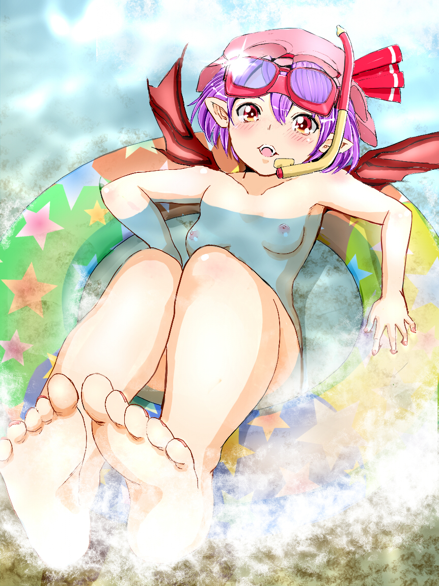 1girl bangs bare_legs barefoot bat_wings blush breasts breathing_tube commentary_request diving_mask diving_mask_on_head feet full_body hair_between_eyes hair_ornament hat hat_ribbon innertube legs_up looking_at_viewer lying nail_polish nipples no_shoes nude open_mouth pink_headwear pointy_ears pov_feet purple_hair red_eyes red_ribbon red_wings remilia_scarlet reri ribbon shallow_water soles solo solo_focus submerged toes touhou wings