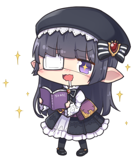 +_+ 1girl :d bangs beret black_hair black_legwear blunt_bangs blush book commentary_request dress drooling ear_blush eyebrows_visible_through_hair eyepatch frilled_dress frills full_body granblue_fantasy harvin hat holding holding_book long_hair long_sleeves lunalu_(granblue_fantasy) medical_eyepatch nogisaka_kushio nose_blush open_book open_mouth pigeon-toed pointy_ears purple_eyes reading simple_background smile solo sparkle wavy_mouth white_background wide_sleeves