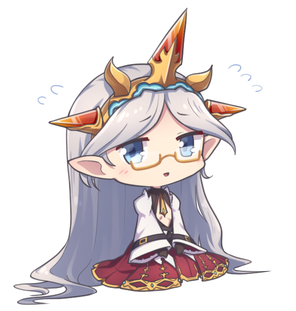 1girl :d blue_eyes chibi commentary_request eyebrows_visible_through_hair flying_sweatdrops full_body glasses granblue_fantasy grey_hair hairband harvin long_hair looking_at_viewer nogisaka_kushio open_mouth pointy_ears semi-rimless_eyewear simple_background sitting smile solo under-rim_eyewear very_long_hair white_background wide_sleeves yellow-framed_eyewear zahlhamelina