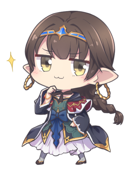 1girl :3 braid brown_hair character_request chibi commentary_request diadem earrings eyebrows_visible_through_hair full_body granblue_fantasy hand_on_own_chin harvin hoop_earrings jewelry long_hair looking_at_viewer nogisaka_kushio pointy_ears robe simple_background smug solo sparkle white_background wide_sleeves yellow_eyes
