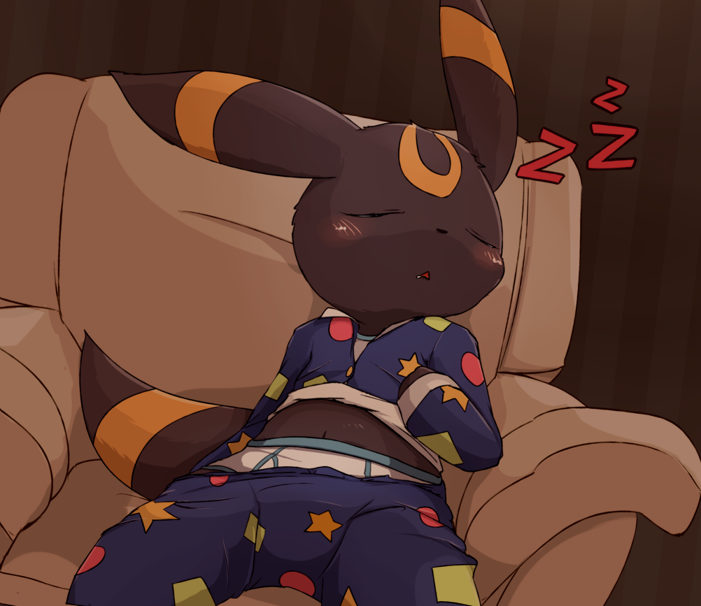 blush briefs chair clothing cub eeveelution male mei_(artist) navel nintendo open_mouth pok&eacute;mon pok&eacute;mon_(species) sleeping solo tighty_whities umbreon underwear video_games young