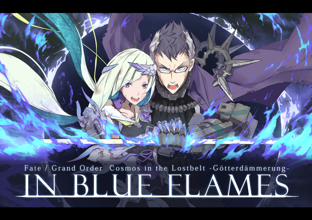 1boy 1girl :o angry aqua_eyes armor armored_dress black_hair blue_fire blue_hair brynhildr_(fate) cape copyright_name fate/grand_order fate_(series) fire glasses hand_on_another's_shoulder holding holding_staff looking_at_viewer multicolored_hair open_mouth purple_cape purple_eyes sailor_collar sigurd_(fate/grand_order) staff two-tone_hair upper_body white_hair white_sailor_collar yuzuruka_(bougainvillea)