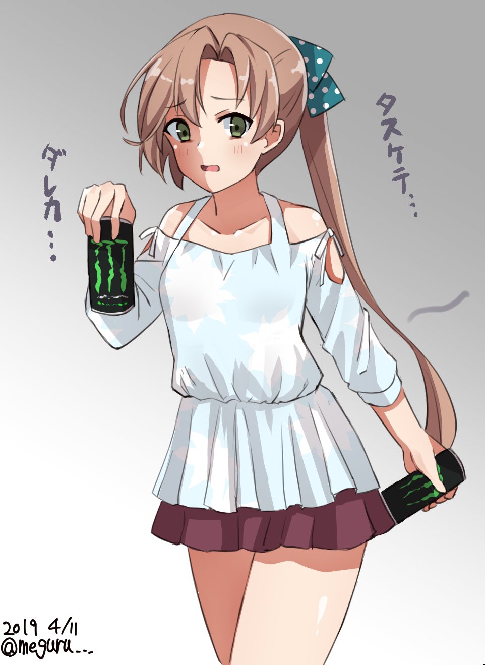 1girl akigumo_(kantai_collection) alternate_costume blouse blue_blouse bow brown_hair brown_skirt can casual cloud_print commentary_request cowboy_shot dated gradient gradient_background green_bow green_eyes grey_background hair_ribbon highres kantai_collection long_hair looking_at_viewer meguru_(megurunn) monster_energy pleated_skirt polka_dot polka_dot_bow ponytail ribbon skirt soda_can solo translation_request twitter_username white_background