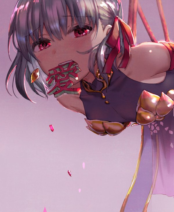 1girl alle_gro bare_shoulders bdsm bondage bound breasts earrings fate/grand_order fate_(series) hair_ribbon jewelry kama_(fate/grand_order) kanji mouth_hold red_eyes ribbon rope short_hair small_breasts suspension white_hair