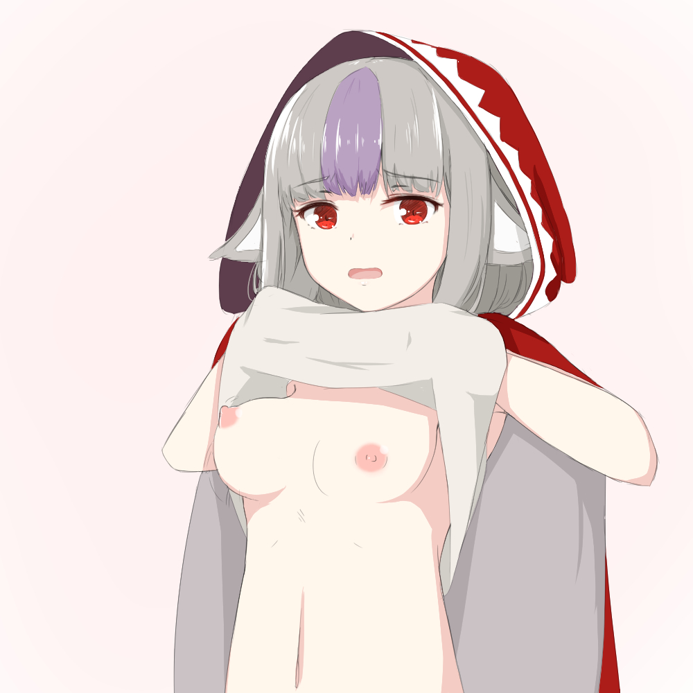 1girl animal_ears areolae breasts cape chirun0 fire_emblem fire_emblem_if grey_hair hood hood_up long_hair looking_at_viewer medium_breasts multicolored_hair navel nintendo nipples open_mouth purple_hair red_eyes shirt shirt_lift simple_background solo streaked_hair undressing upper_body velour_(fire_emblem_if) white_background wolf_ears