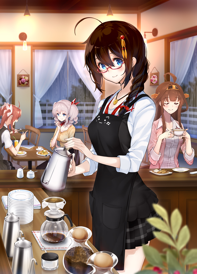 4girls ahoge amami_amayu apron bangs bespectacled black_apron black_skirt blue_eyes blunt_bangs blush bow braid breasts brown_hair cafe casual ceiling_light chair cleavage closed_mouth coffee coffee_cup coffee_maker_(object) coffee_pot cup curtains disposable_cup drill_hair drink drinking_glass eyes_closed fork glasses hair_between_eyes hair_bow hair_ornament hair_ribbon headgear holding holding_fork indoors jacket jewelry kagerou_(kantai_collection) kantai_collection kashima_(kantai_collection) kongou_(kantai_collection) large_breasts miniskirt multiple_girls necklace on_chair open_clothes open_jacket pendant pink_jacket plaid plaid_skirt plant plate pleated_skirt rain red-framed_eyewear red_hair red_neckwear red_ribbon remodel_(kantai_collection) ribbon saucer semi-rimless_eyewear shigure_(kantai_collection) shirt short_sleeves sidelocks silver_hair single_braid sitting skirt smile striped striped_shirt sugar_cube table twintails two-handed under-rim_eyewear vertical-striped_shirt vertical_stripes white_bow white_shirt window yellow_shirt