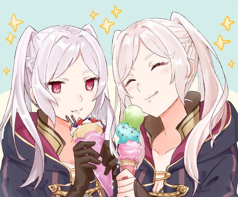 2girls closed_mouth eating eyes_closed female_my_unit_(fire_emblem:_kakusei) fire_emblem fire_emblem:_kakusei food gimurei gloves holding hood hood_down ice_cream ice_cream_cone licking_lips menoko multiple_girls my_unit_(fire_emblem:_kakusei) nintendo red_eyes simple_background tongue tongue_out twintails upper_body white_hair