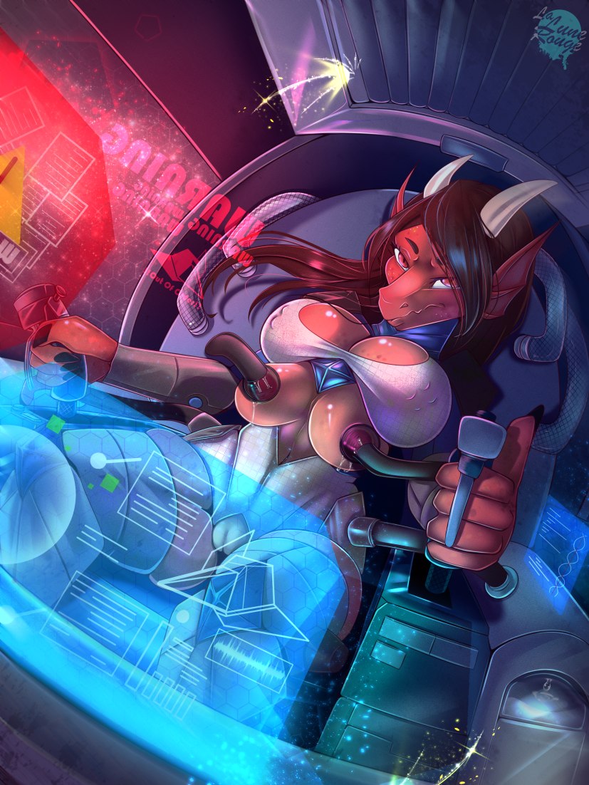 anthro big_breasts breasts clothed clothing dragon female la_lune_rouge looking_at_viewer machine milking_machine multi_breast pilot pussy scalie ship solo space suit vehicle