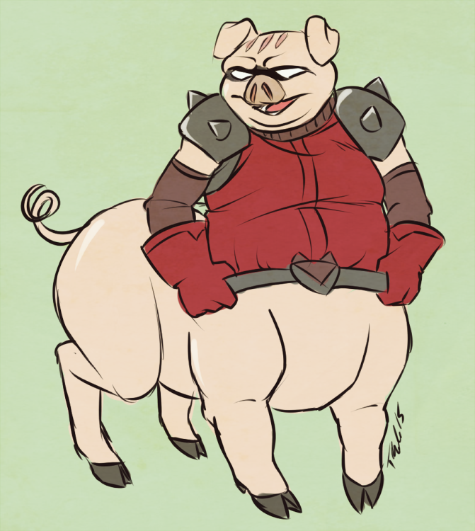 2015 armwear belt bottomless clothed clothing domestic_pig elbow_gloves gloves green_background hooves mammal metalpandora nintendo open_mouth pig_taur pigma_dengar pink_skin shirt shoulder_pads simple_background solo standing star_fox suid suid_taur suina suina_taur sus_(pig) tank_top taur taurification text tongue twisted_tail video_games white_eyes