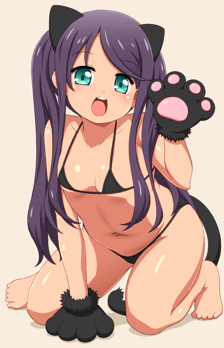 1girl animal_ears bare_arms bare_legs bare_shoulders bikini black_bikini blush capitan_(tsyoujo) child collarbone eyebrows_visible_through_hair female flat_chest full_body gloves long_hair navel open_mouth original paw_gloves paws shiny shiny_skin simple_background solo swimsuit tail upper_teeth