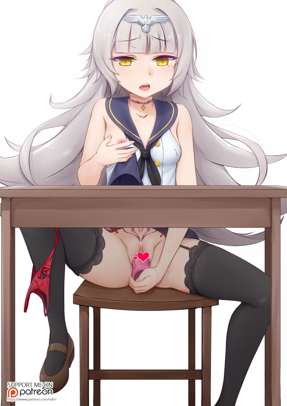 1girl azur_lane bangs bare_arms bare_shoulders black_legwear black_neckwear blue_sailor_collar blunt_bangs bow bow_panties breasts brown_footwear censored collarbone crop_top dildo eyebrows_visible_through_hair garter_belt grey_hair headpiece heart heart_censor highres knee_up lace lace-trimmed_legwear lifted_by_self long_hair looking_at_viewer mary_janes masturbation mole mole_under_eye neckerchief nipple_piercing nipples object_insertion on_stool open_mouth panties panties_around_leg piercing pleated_skirt pubic_tattoo pussy_juice pussy_juice_puddle red_panties red_skirt round_teeth sailor_collar self_fondle shirt shoes simple_background sitting skirt skirt_lift sleeveless sleeveless_shirt small_breasts solo stool table tattoo teeth thighhighs tongue_piercing underwear upper_teeth vaginal vaginal_object_insertion vahn_yourdoom very_long_hair watermark web_address white_background white_shirt yellow_eyes z46_(azur_lane)
