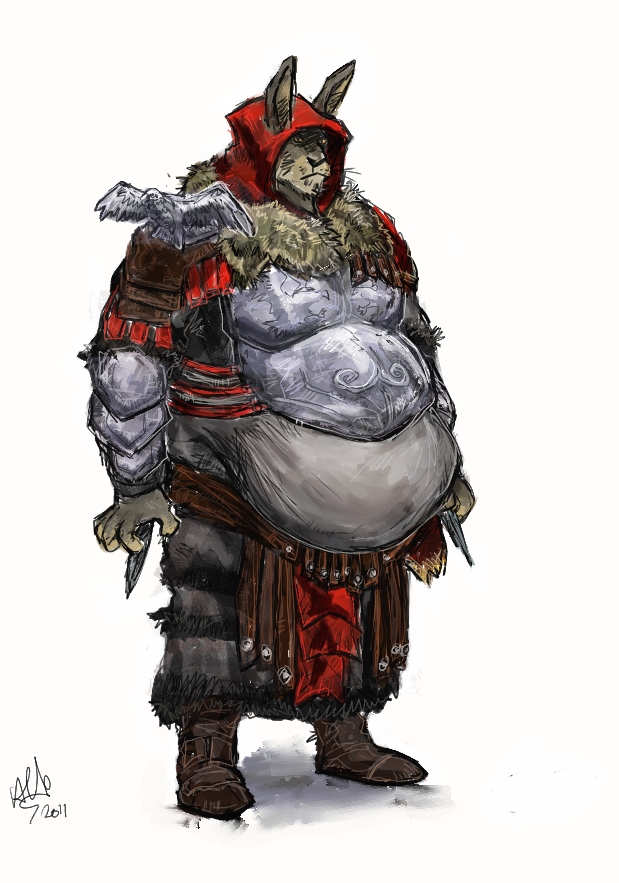 anthro aokmaidu armor assassin's_creed belly belly_overhang big_belly breastplate clothed clothing costume fur grey_fur hood lagomorph leporid male mammal midriff obese obese_male overweight overweight_male rabbit simple_background solo standing thick_thighs video_games white_background