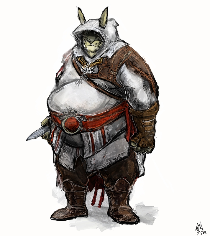 anthro aokmaidu assassin's_creed belly big_belly clothed clothing costume fur grey_fur holding_object holding_weapon hood knife lagomorph leporid male mammal obese obese_male overweight overweight_male rabbit simple_background solo standing video_games weapon white_background