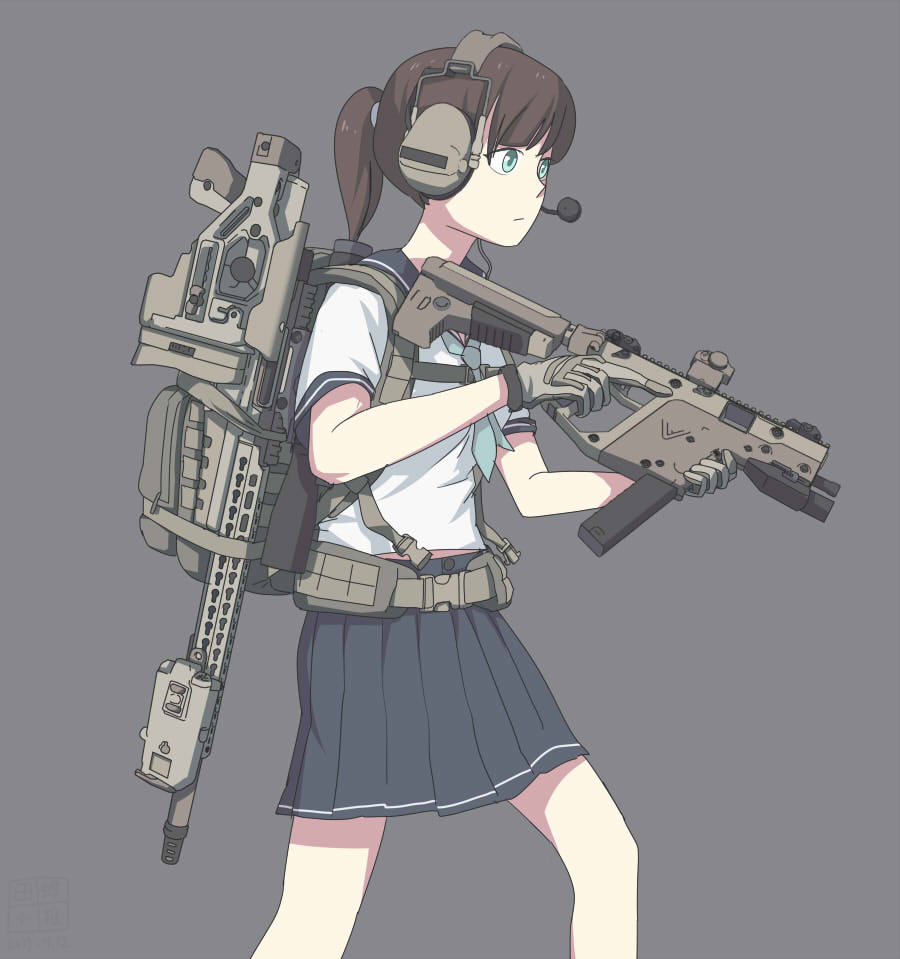 1girl brown_hair etmc1992 gloves green_eyes gun headset holding holding_gun holding_weapon kriss_vector original ponytail rifle school_uniform serafuku simple_background sniper_rifle solo submachine_gun trigger_discipline weapon weapon_request webbing