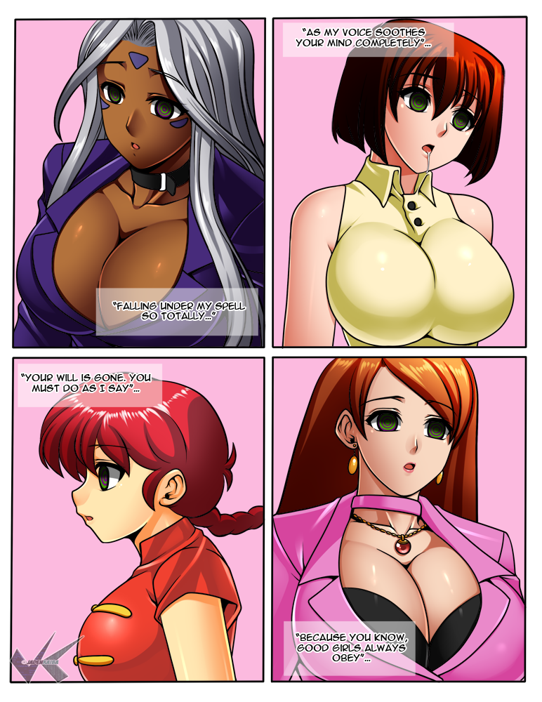 4girls aa_megami-sama braid breasts brown_hair busty choker cleavage collette_(daveyboysmith) comic crossover dark_skin daveyboysmith earrings expressionless femsub genderswap huge_breasts hypnosis jadenkaiba jewelry large_breasts long_hair mazaki_anzu mind_control multiple_girls necklace open_mouth original ponytail ranma-chan ranma_1/2 red_hair ring_eyes saliva saotome_ranma short_hair silver_hair text_focus urd voluptuous yu-gi-oh!