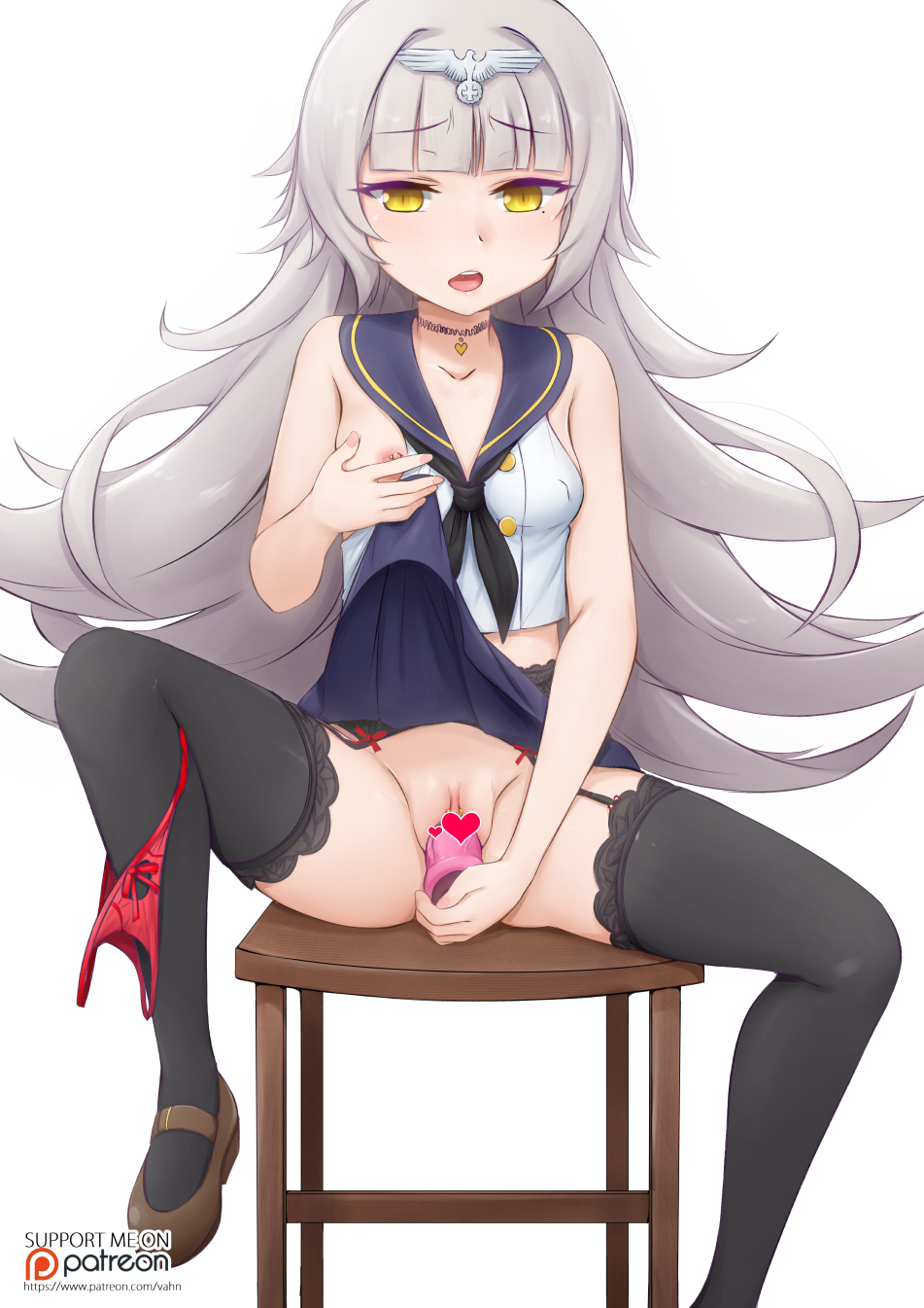 1girl azur_lane bangs bare_arms bare_shoulders black_legwear black_neckwear blue_sailor_collar blunt_bangs bow bow_panties breasts brown_footwear censored collarbone crop_top dildo eyebrows_visible_through_hair garter_belt grey_hair headpiece heart heart_censor highres knee_up lace lace-trimmed_legwear lifted_by_self long_hair looking_at_viewer mary_janes masturbation mole mole_under_eye neckerchief nipple_piercing nipples object_insertion on_stool open_mouth panties panties_around_leg piercing pleated_skirt pubic_tattoo pussy_juice pussy_juice_puddle red_panties red_skirt round_teeth sailor_collar self_fondle shirt shoes simple_background sitting skirt skirt_lift sleeveless sleeveless_shirt small_breasts solo stool tattoo teeth thighhighs tongue_piercing underwear upper_teeth vaginal vaginal_object_insertion vahn_yourdoom very_long_hair watermark web_address white_background white_shirt yellow_eyes z46_(azur_lane)