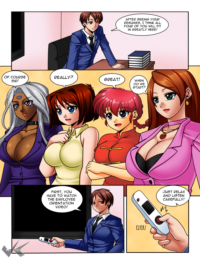 1boy 4girls aa_megami-sama book breasts brown_hair busty choker cleavage collette_(daveyboysmith) comic crossover dark-skinned_female dark_skin daveyboysmith earrings genderswap hourglass_figure jadenkaiba jewelry large_breasts long_hair mazaki_anzu multiple_girls necklace open_mouth original original_character ponytail ranma-chan ranma_1/2 red_hair saotome_ranma short_hair silver_hair text_focus tie urd voluptuous yu-gi-oh!