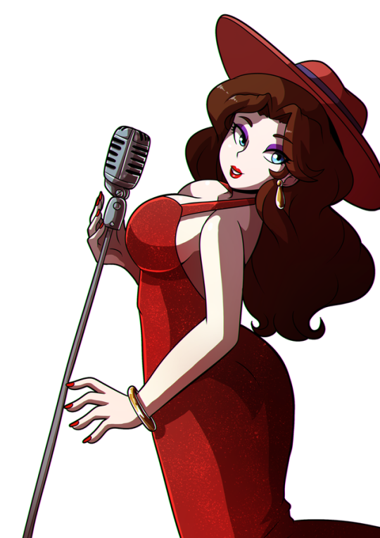 1girl bare_arms blue_eyes breasts brown_hair cleavage donkey_kong_(series) dress earrings eyeshadow hat jewelry lipstick long_hair looking_at_viewer makeup mario_(series) mayor microphone microphone_stand nail_polish nintendo pauline pose red_dress sideboob singer smile solo super_mario_odyssey white_background