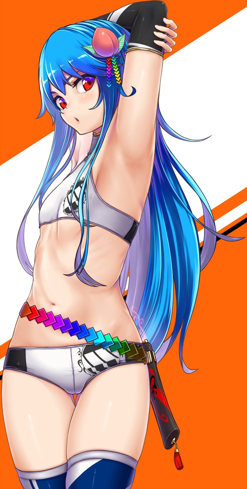 1girl adapted_costume armpit_crease armpits arms_up bangs blue_hair blush breasts buruma commentary cowboy_shot crop_top detached_sleeves food fruit gluteal_fold haiiro_gundan hair_fruit highres hinanawi_tenshi leaf long_hair looking_at_viewer midriff navel no_hat no_headwear orange_background parted_lips peach race_queen red_eyes ribs sidelocks skindentation small_breasts solo standing stomach thigh_gap thighhighs thighs touhou twisted_torso two-tone_background very_long_hair white_background