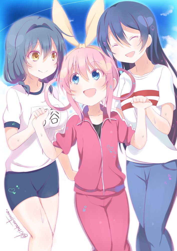 3girls :d ^_^ black_hair blue_eyes blue_hair breasts brown_eyes casual closed_eyes collarbone commentary_request crossover eyes_closed furutani_himawari girl_sandwich gym_uniform hand_holding kitahara_tomoe_(kitahara_koubou) large_breasts love_live! love_live!_school_idol_project mimori_suzuko multiple_crossover multiple_girls name_tag open_mouth pink_hair sandwiched seiyuu_connection sherlock_shellingford shirt signature smile sonoda_umi t-shirt tantei_opera_milky_holmes track_suit twitter_username yuru_yuri