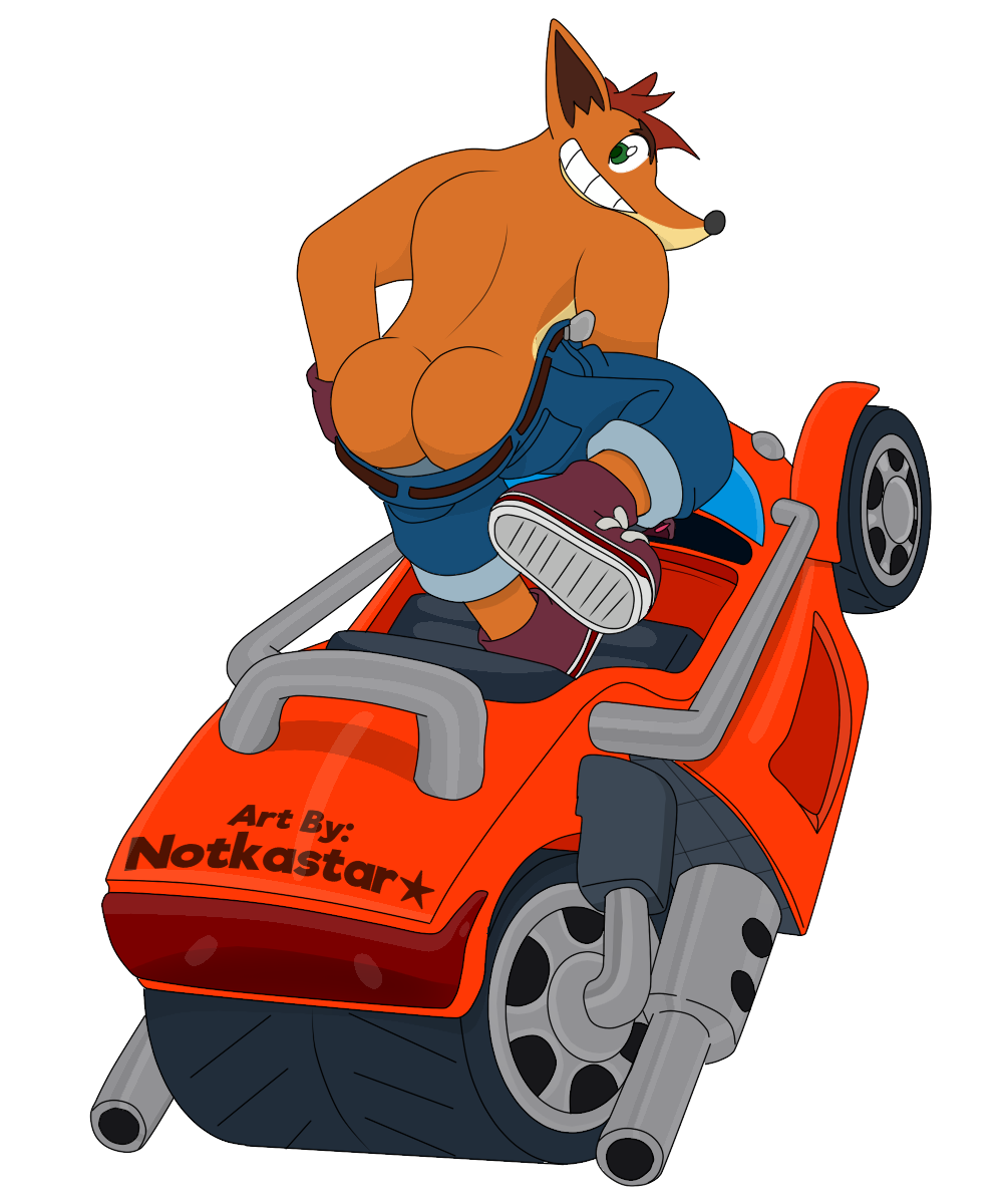 3 alpha_channel anthro bandicoot belt butt car clothed clothing crash_bandicoot crash_bandicoot_(series) digital_media_(artwork) footwear fur gloves green_eyes hair hi_res male mammal marsupial mooning naughty_dog notkastar pants_down partially_clothed smile solo sony_corporation sony_interactive_entertainment vehicle video_games