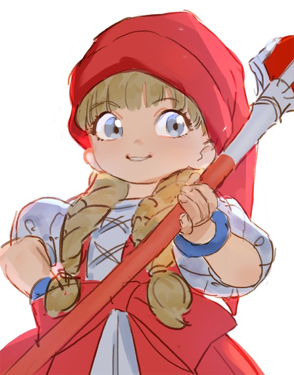 1girl bangs blonde_hair blue_eyes bracelet braid dragon_quest dragon_quest_xi eyebrows_visible_through_hair hand_on_hip hat hit-kun holding holding_staff jewelry long_hair puffy_short_sleeves puffy_sleeves red_headwear short_sleeves simple_background smile solo staff twin_braids veronica_(dq11) white_background