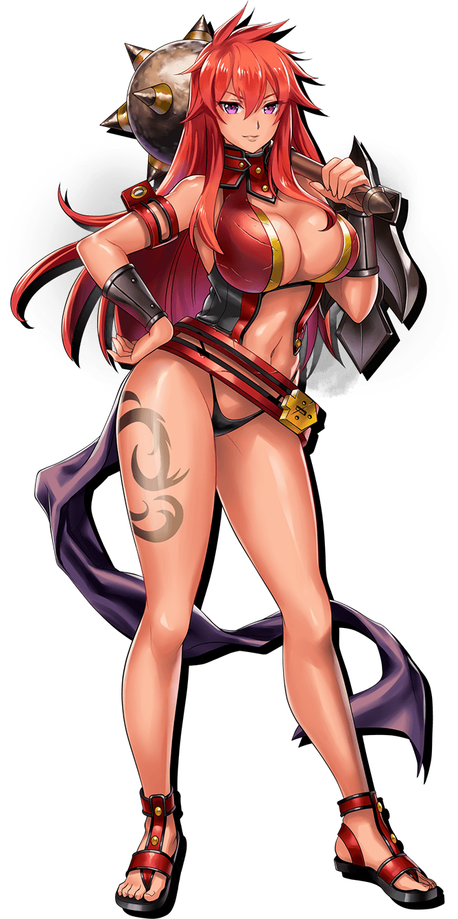 10s 1girl arm_up armpits bangs bare_shoulders black_panties breasts cleavage flail full_body gluteal_fold hair_flaps highleg highleg_panties highres holding holding_weapon large_breasts long_hair looking_at_viewer midriff morning_star navel official_art panties parted_lips pink_eyes queen's_blade queen's_blade_unlimited red_hair revealing_clothes risty smile solo standing stomach tattoo thigh_gap underwear weapon