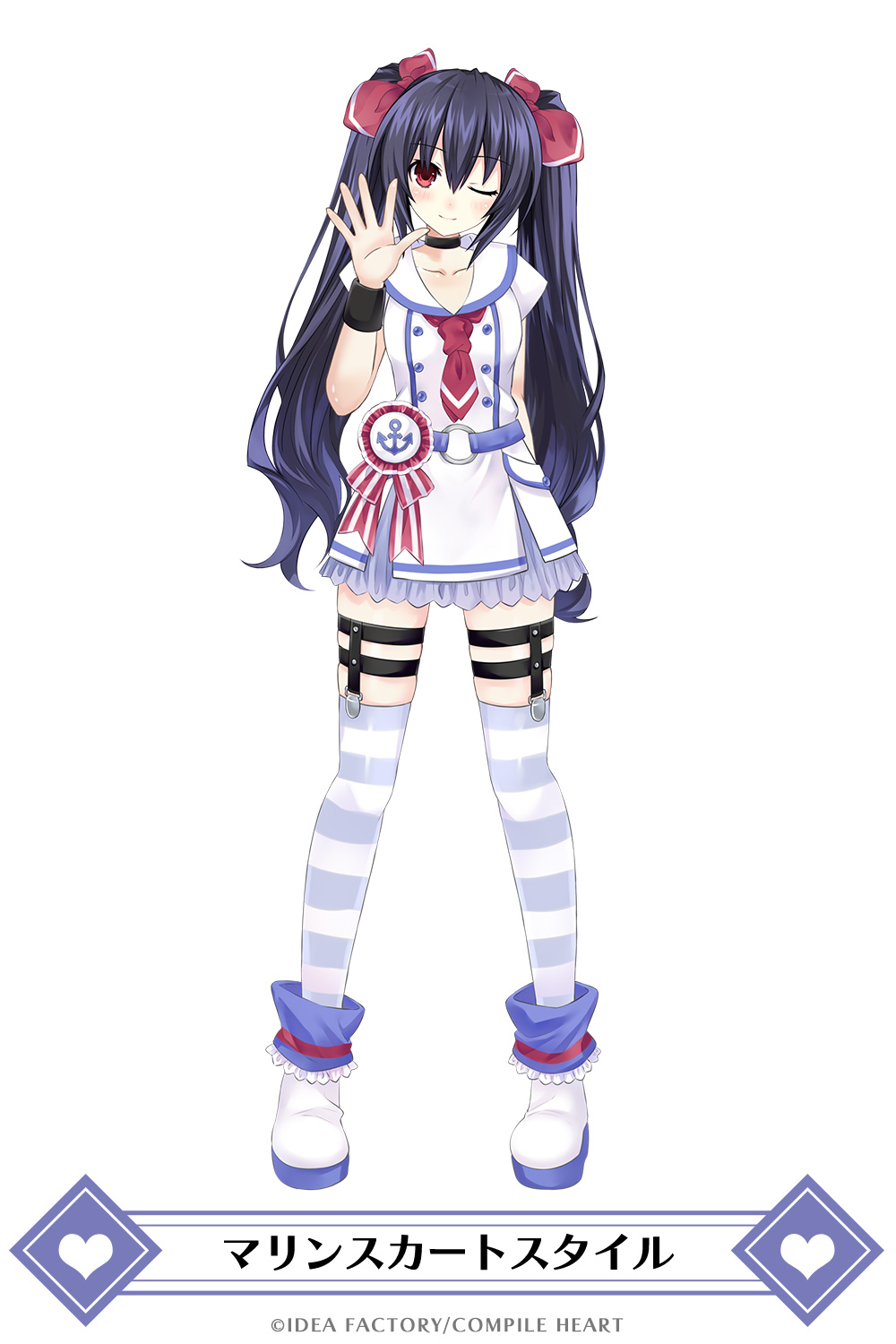 1girl alternate_costume black_hair blue_sailor_collar blue_skirt blush breasts full_body game_cg hair_ribbon highres long_hair looking_at_viewer mainichi_compile_heart neckerchief necktie neptune_(series) noire official_art one_eye_closed pleated_skirt red_eyes red_neckwear ribbon sailor_collar skirt small_breasts smile solo standing striped striped_legwear thighhighs tsunako twintails white_background
