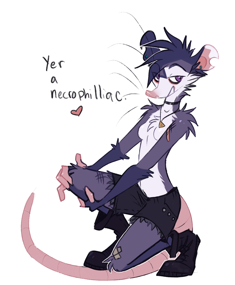 &lt;3 anthro bandage clothed clothing collar dialogue didelphid english_text female fur grey_fur jewelry mammal marsupial nash_(zenirix) necklace purple_eyes simple_background solo text topless virginia_opossum whiskers white_background white_fur zenirix