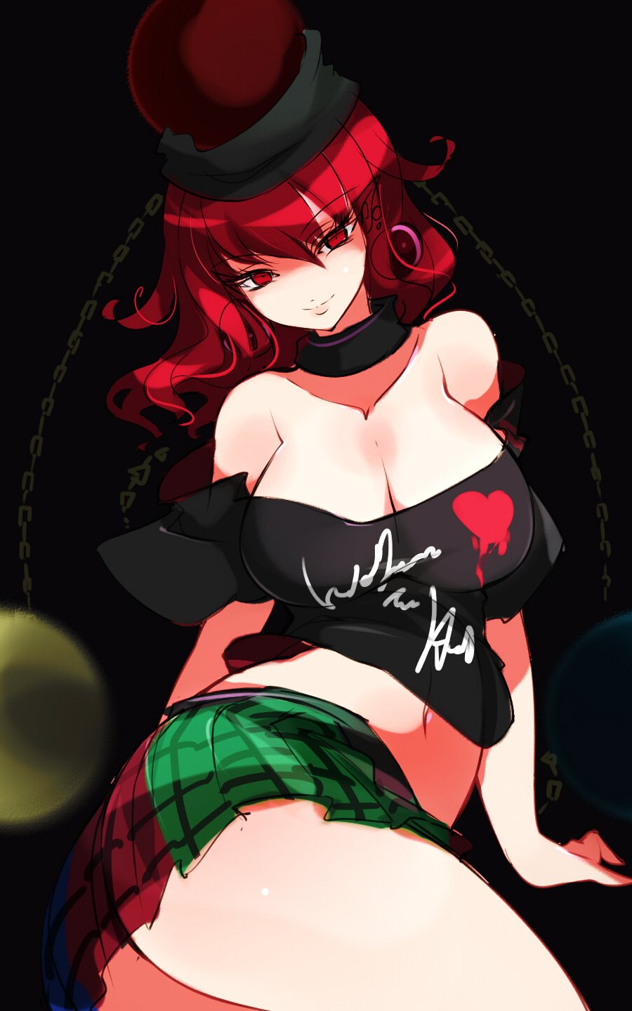 1girl ass bangs bare_shoulders black_background black_choker black_shirt breasts chains choker cleavage clothes_writing commentary_request cowboy_shot crop_top earrings earth_(ornament) eyebrows_visible_through_hair green_skirt hair_between_eyes heart hecatia_lapislazuli highres jewelry large_breasts long_hair looking_at_viewer midriff miniskirt moon_(ornament) navel no_nose off-shoulder_shirt off_shoulder plaid plaid_skirt pleated_skirt polos_crown raptor7 red_eyes red_hair red_skirt shirt short_sleeves simple_background skirt smile solo stomach t-shirt thighs touhou