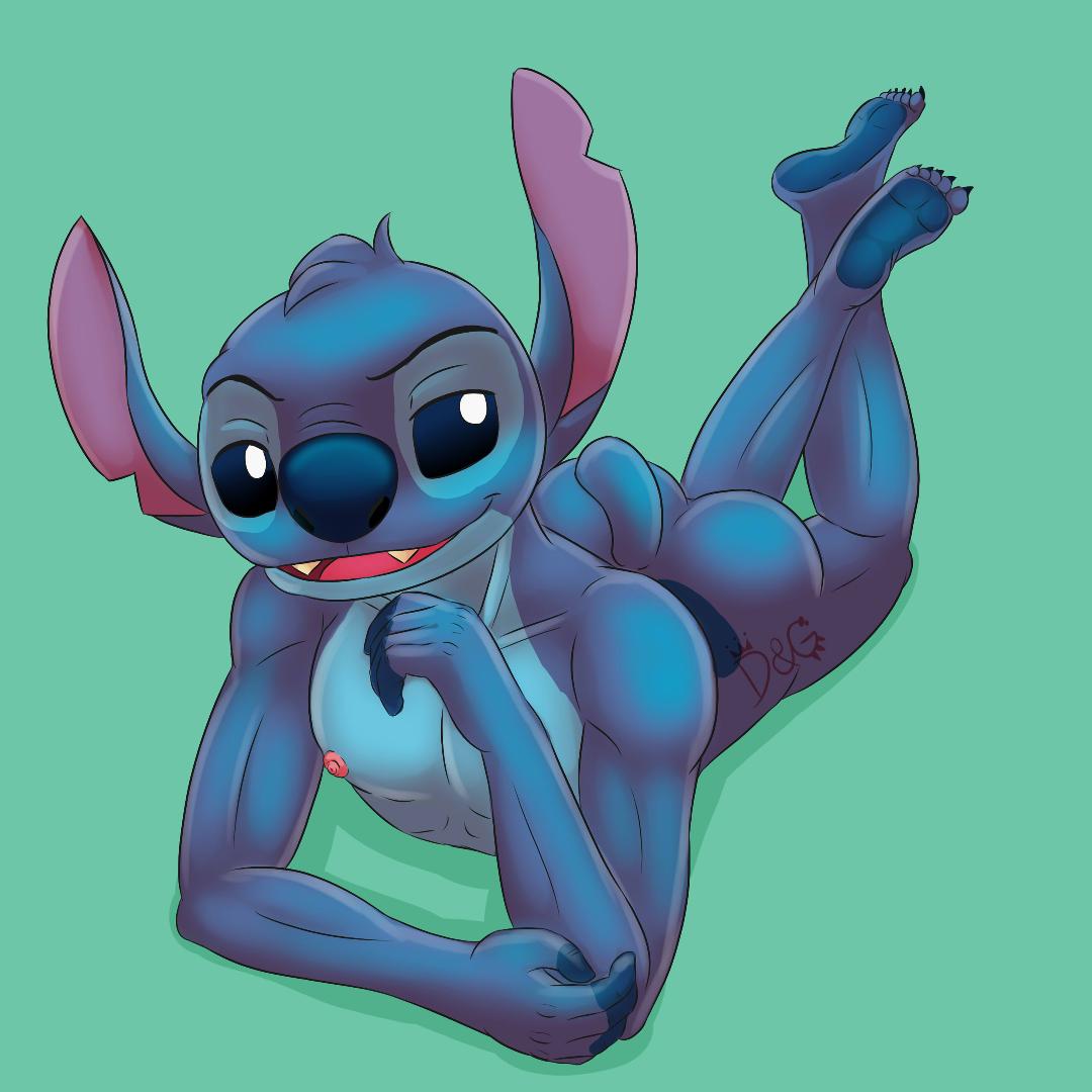 2019 5_fingers 5_toes alien back_markings bedroom_eyes blue_eyes blue_fur blue_nose butt compression_artifacts dgemporium disney experiment_(species) feet fingerless_(marking) fur green_background half-closed_eyes head_tuft humanoid_feet humanoid_hands lilo_and_stitch looking_at_viewer lying male markings nipples notched_ear nude on_front open_mouth open_smile pink_nipples pose seductive simple_background small_tail smile smirk solo stitch toes tuft white_pupils