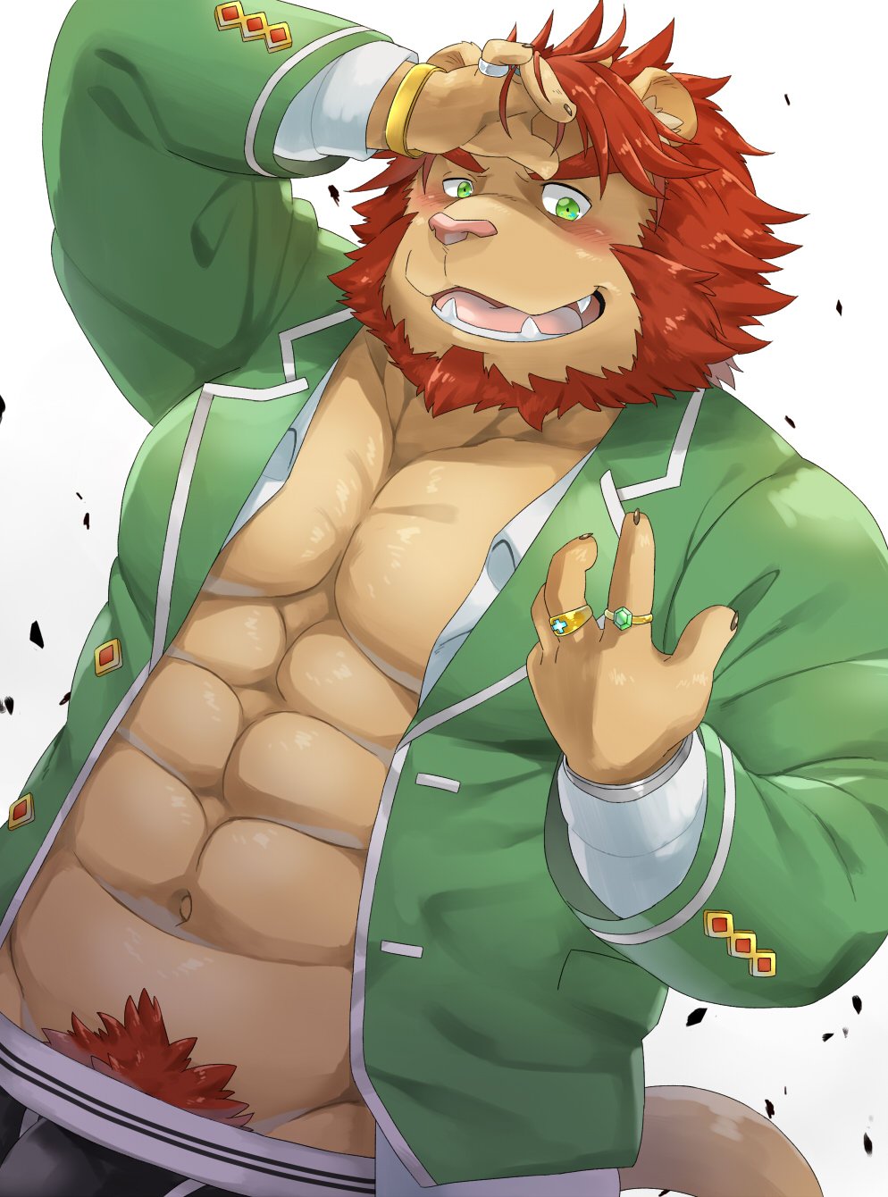 2019 anthro blush bulge clothing felid green_eyes humanoid_hands lion male mammal muscular navel nikiciy oz_(tas) pantherine pecs shirt simple_background solo teeth tokyo_afterschool_summoners underwear video_games white_background