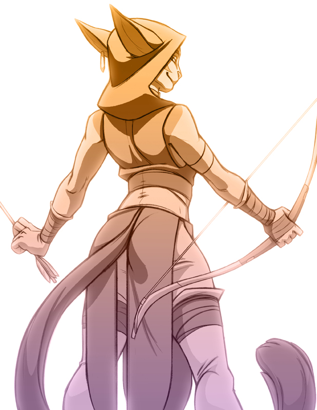 2014 ambiguous_gender amunet arrow bow_(weapon) brindle clothed clothing collar digital_media_(artwork) ear_piercing fully_clothed hand_wraps hood leg_wraps looking_back piercing ranged_weapon shaded shpynx_(cat) smile smirk solo standing weapon wraps wrist_wraps yellow_theme