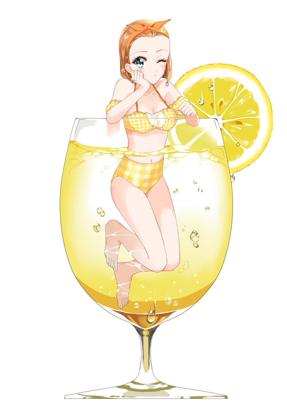 1girl :o arch_lapin armband barefoot bikini blush breasts brown_hair checkered checkered_bikini chin_rest cleavage commentary condensation cup drinking_glass elbow_rest english_commentary food fruit full_body green_eyes hair_pulled_back hairband highres lemon lemon_slice looking_at_viewer medium_breasts meitantei_conan minigirl navel one_eye_closed orange_hairband parted_lips simple_background solo submerged suzuki_sonoko swimsuit water wet white_background wine_glass yellow_bikini
